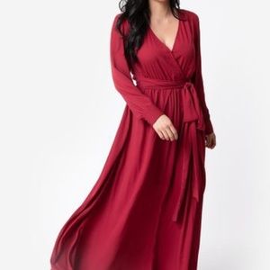 🆕Unique Vintage Faux Wrap Maxi Dress Red/Burgundy Metallic Dot Sheer Top NWT